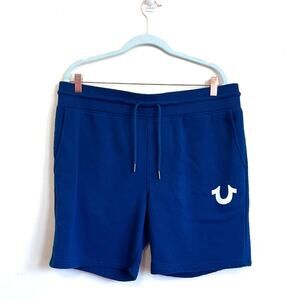 True Religion HS Flock Logo Mens Sweat Shorts Size L Teal Drawstring Athletic